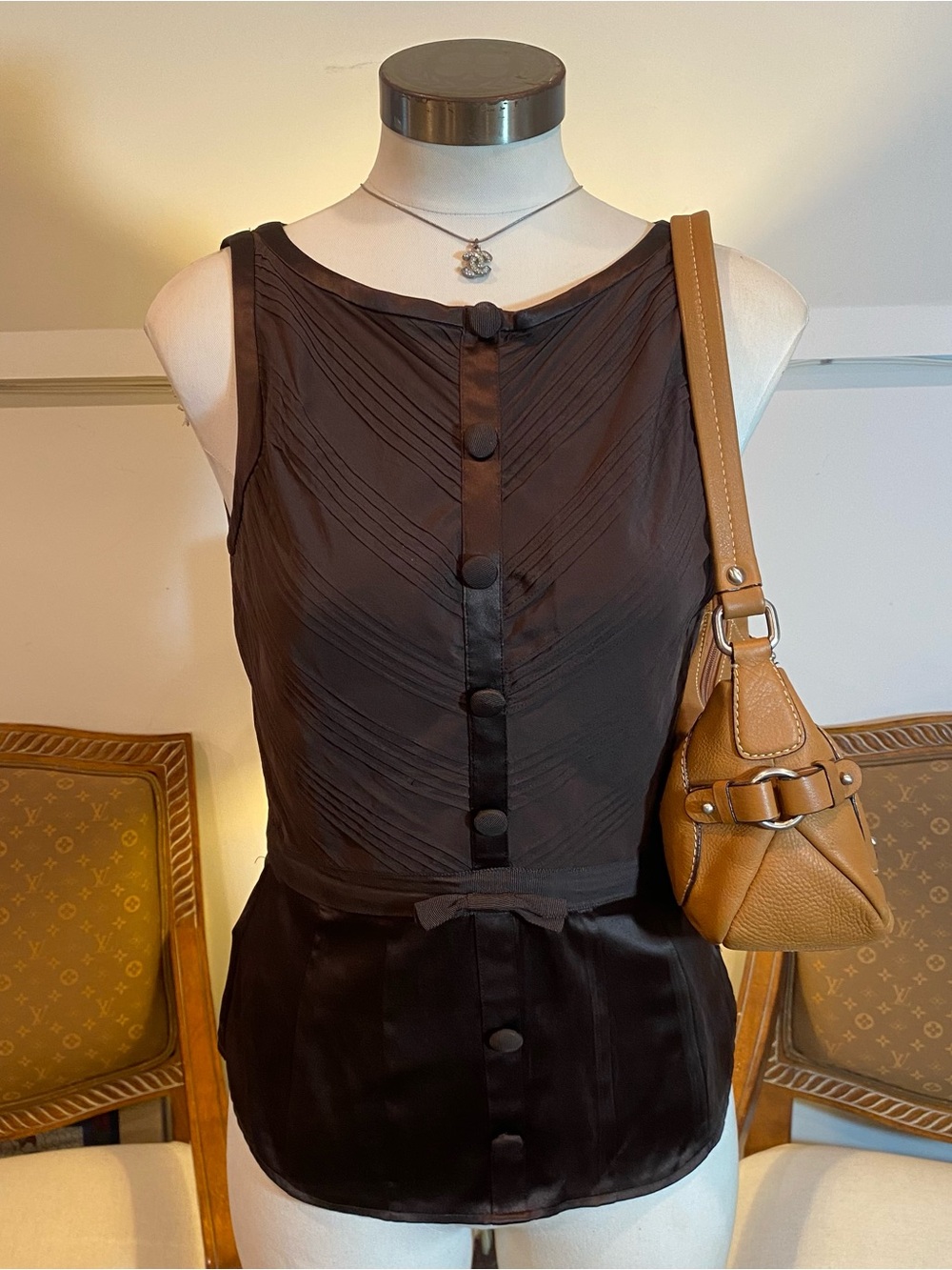 bebe Y2K Brown Silk Sleeveless Blouse, Size Small